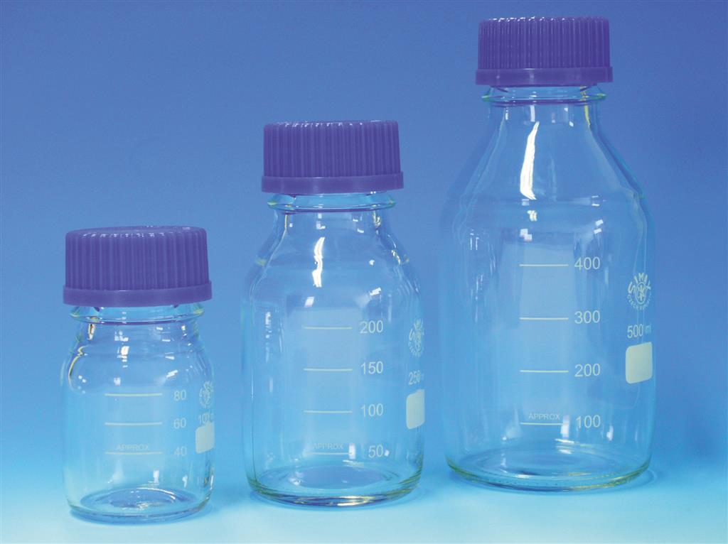 Laborgewindeflasche 100 ml mit blauer Kappe und Ausgiessring