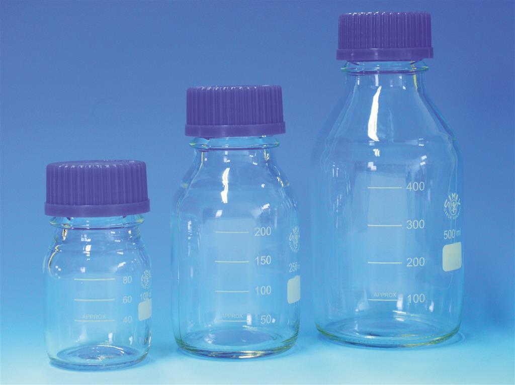 Laborgewindeflasche 250 ml mit blauer Kappe und Ausgiessring