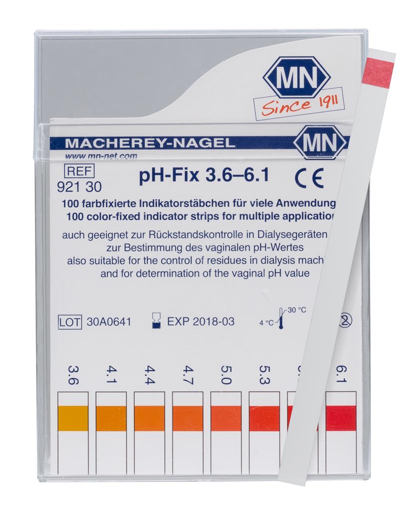 pH-Fix Indikatorstäbchen  3,6 - 6,1 Packung mit 100 Stäbchen 6 x 85 mm