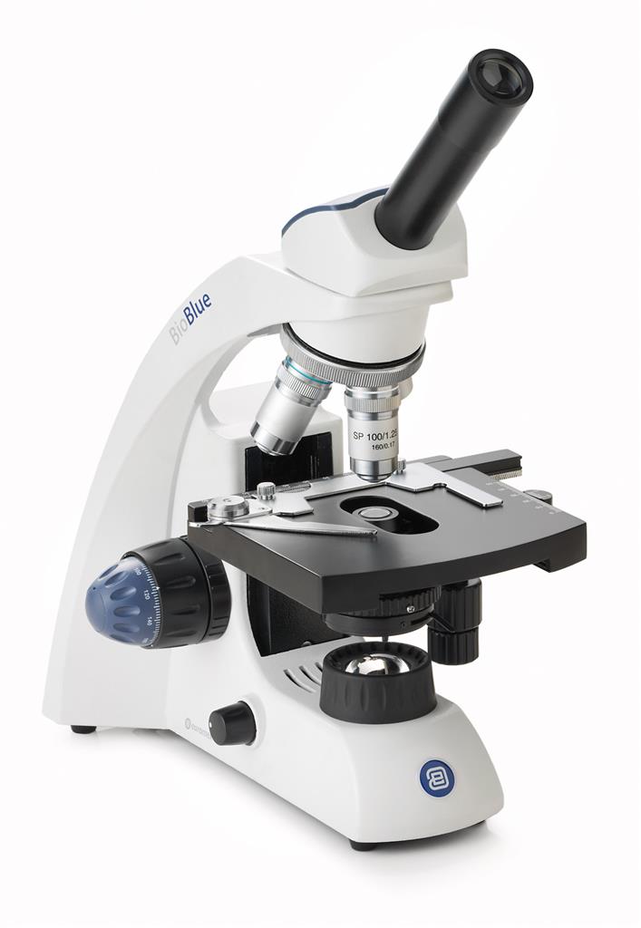 Schulmikroskop BioBlue, LED-Beleuchtung mit Kreuztisch und Objektiv 60x